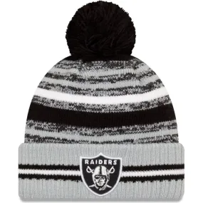 Las Vegas Raiders Men's New Era Black/Silver 2021 NFL Sideline Sport Official Pom Cuffed Knit Beanie