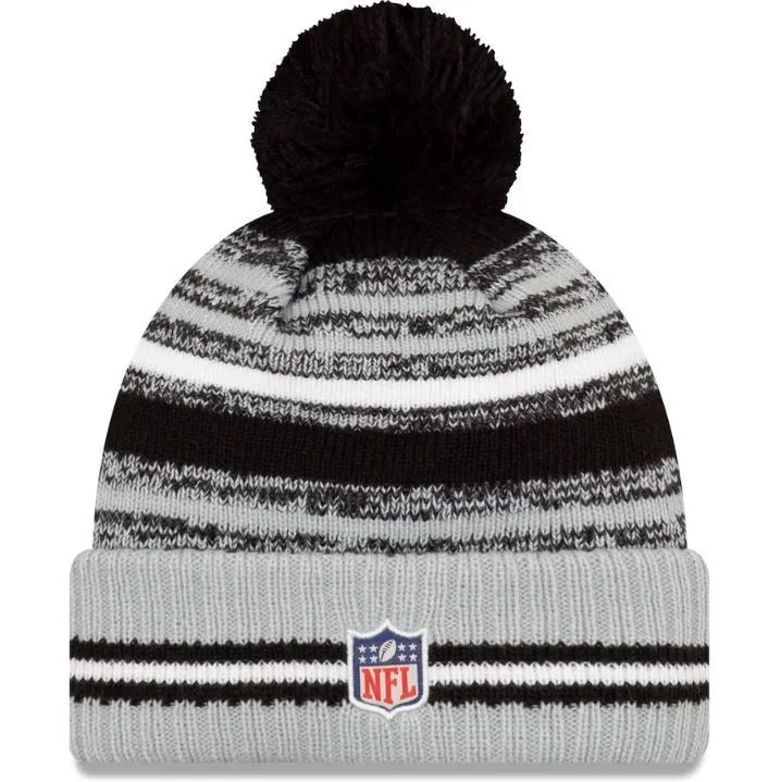 Las Vegas Raiders Men's New Era Black/Silver 2021 NFL Sideline Sport Official Pom Cuffed Knit Beanie