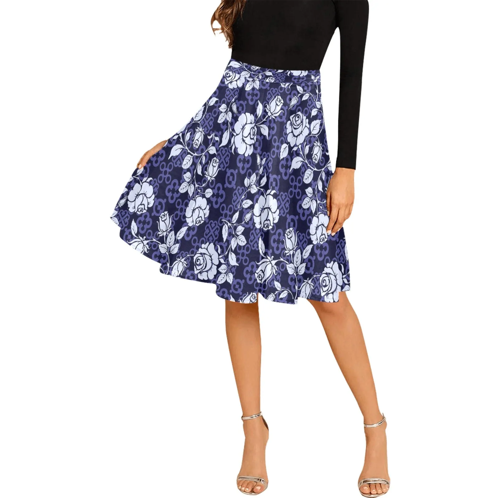 lavender roses adinkra print 2 Melete Pleated Midi Skirt (Model D15)