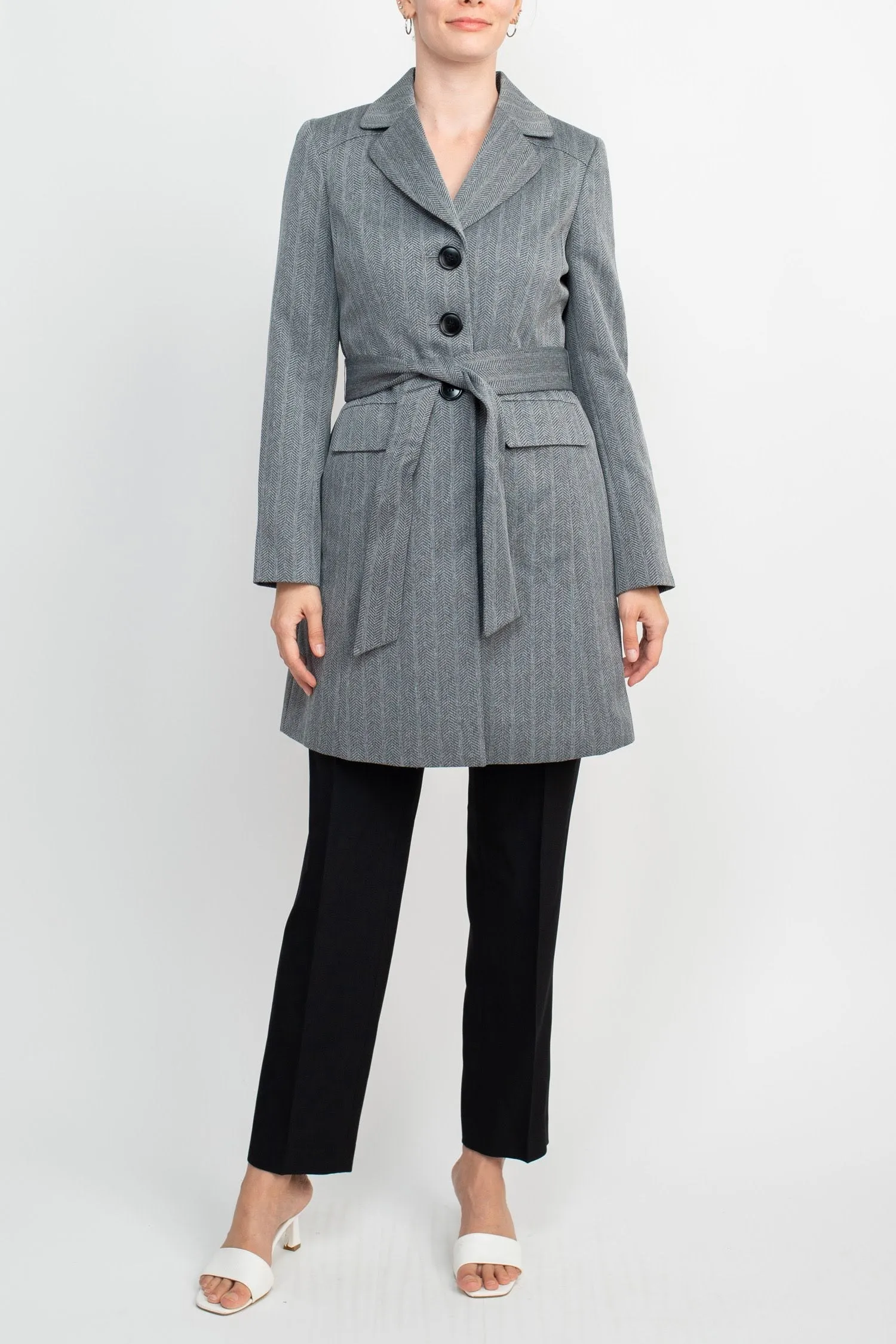 Le Suit Notched Collar 3 Button Tie Waist Flap Pockets Jacket with Button Hook Zipper Closure Pockets Crepe Pants Suit (Two Piece Set)