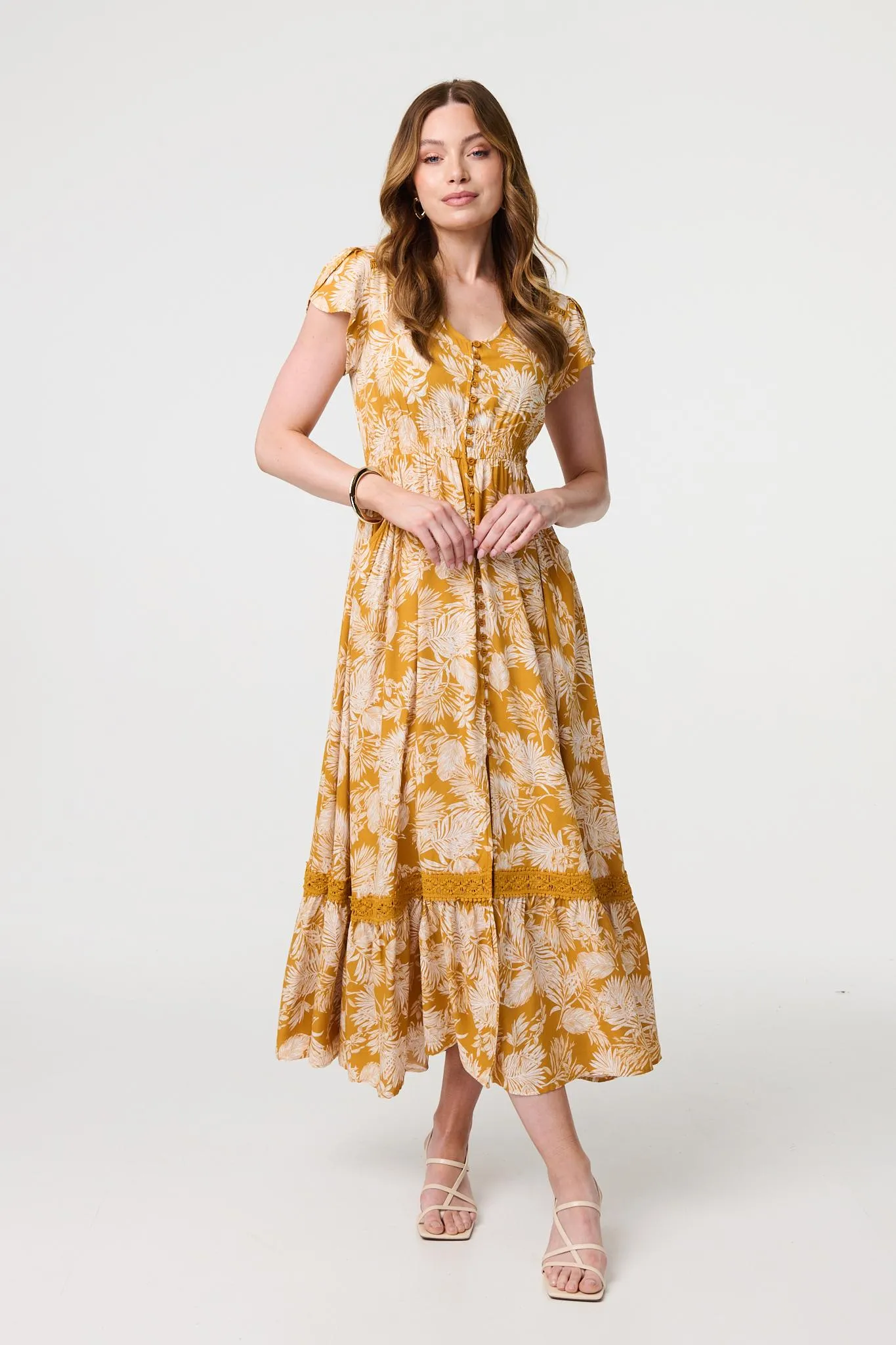 Leaf Print Cap Sleeve Maxi Dress