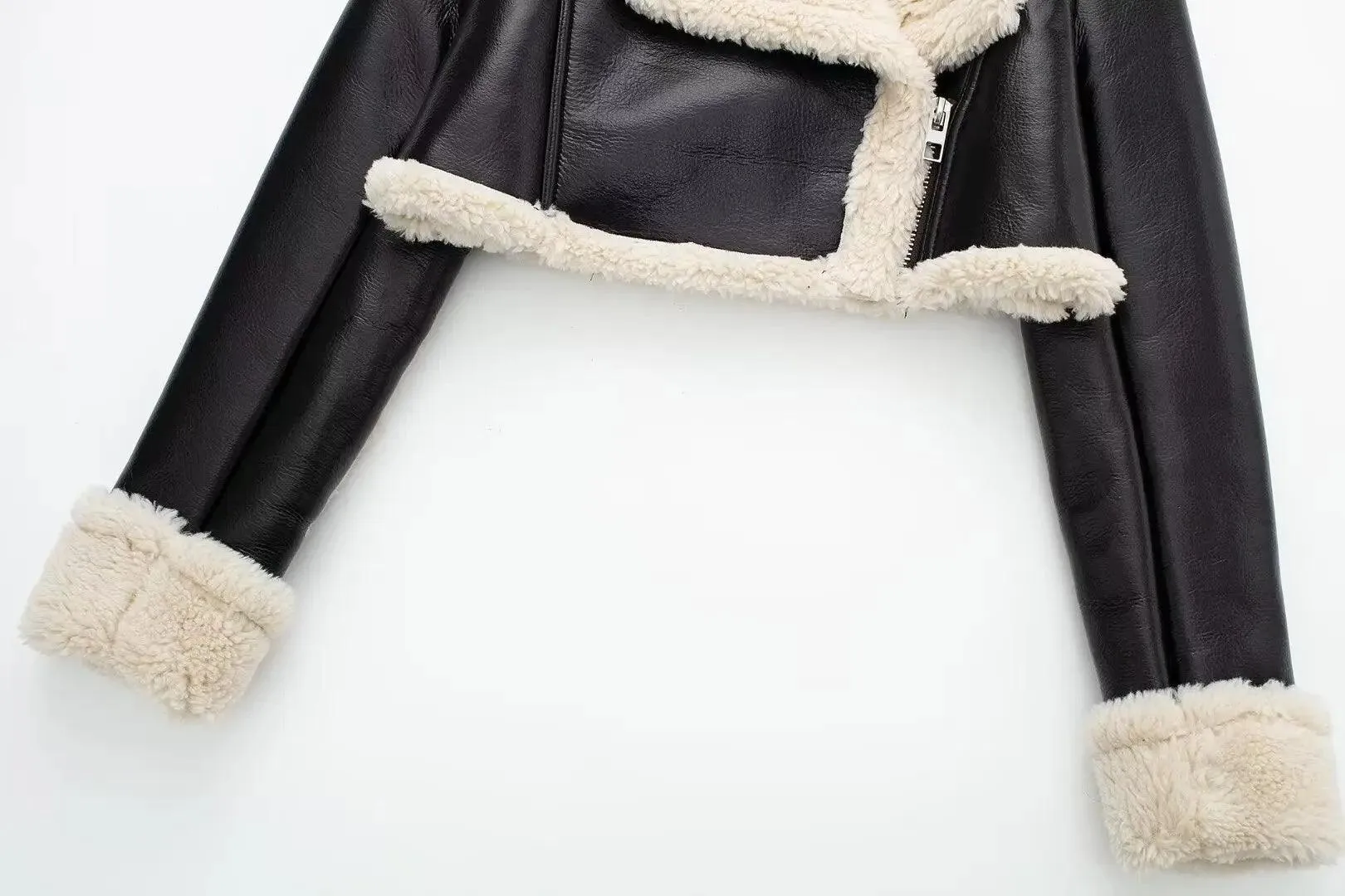 Leather Jacket Button Down Faux Fur Collared Zipper Women Short Coat