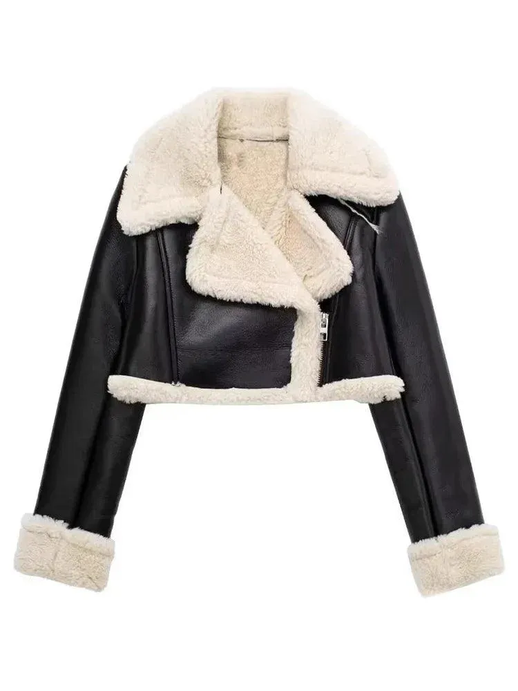 Leather Jacket Button Down Faux Fur Collared Zipper Women Short Coat