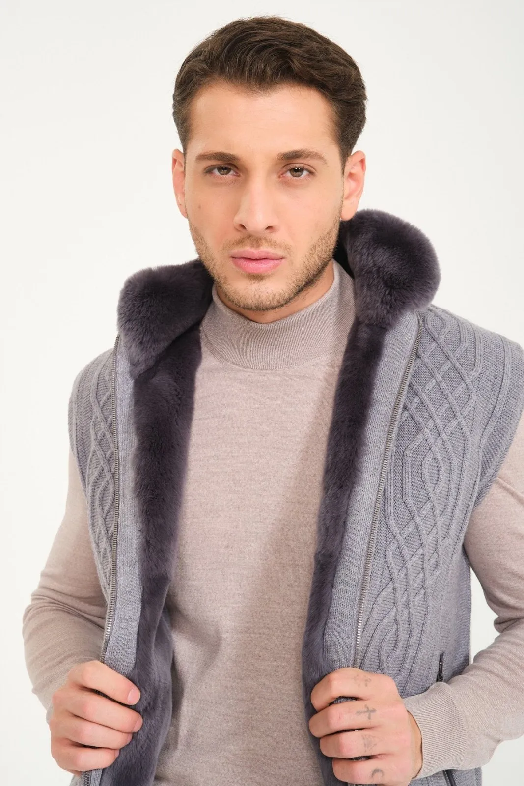 Light Grey Wool & Rex Fur Knit Vest