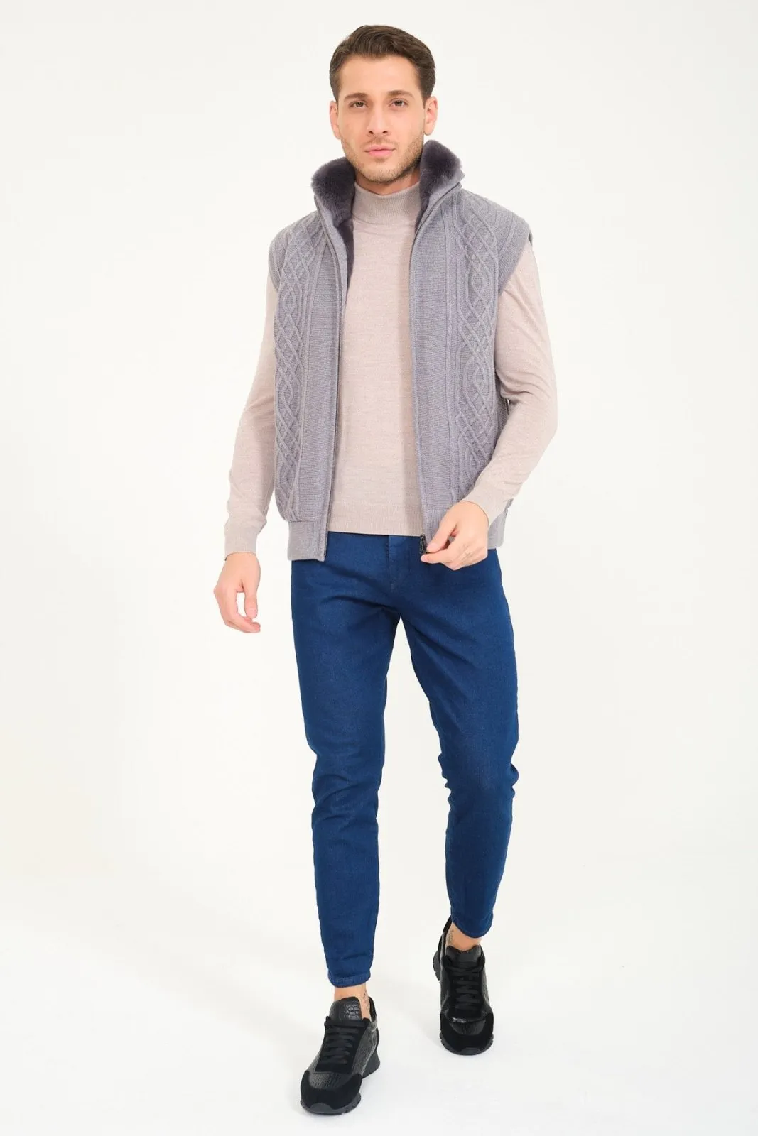 Light Grey Wool & Rex Fur Knit Vest