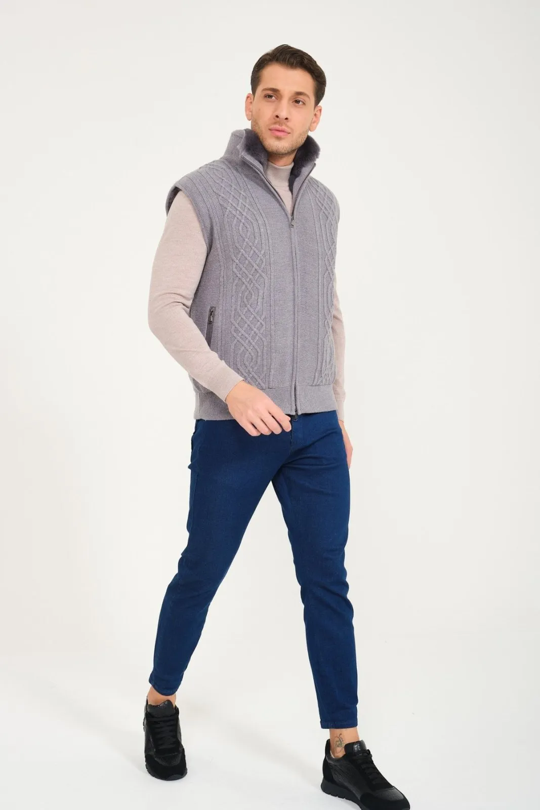 Light Grey Wool & Rex Fur Knit Vest