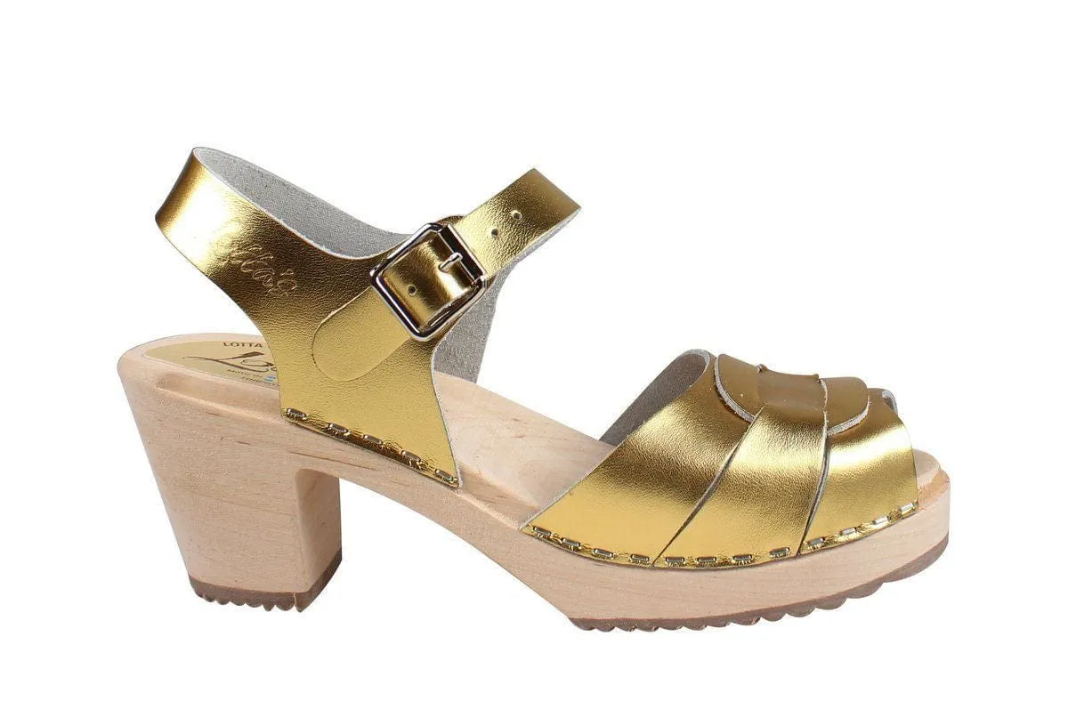 Lotta from Stockholm Classic Peep Toe Gold Clogs