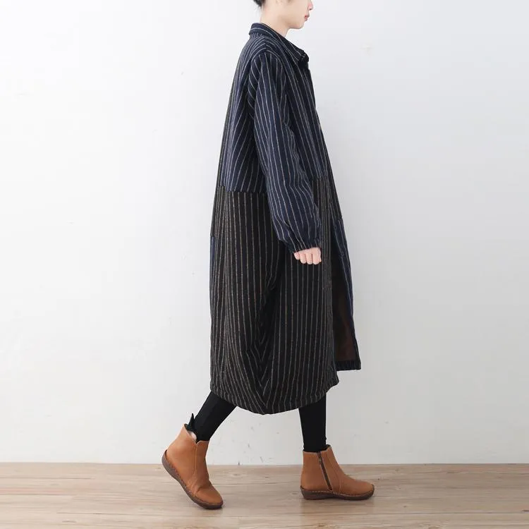 Luxury blue black striped down coat oversized woolen Puffers Jackets Fine patchwork winter outwear