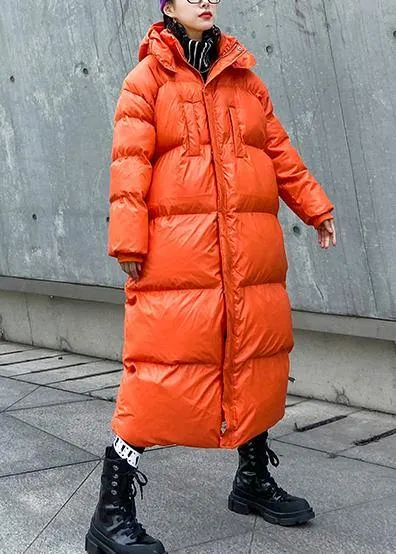 Luxury orange outwear oversized down jacket hooded zippered overcoat