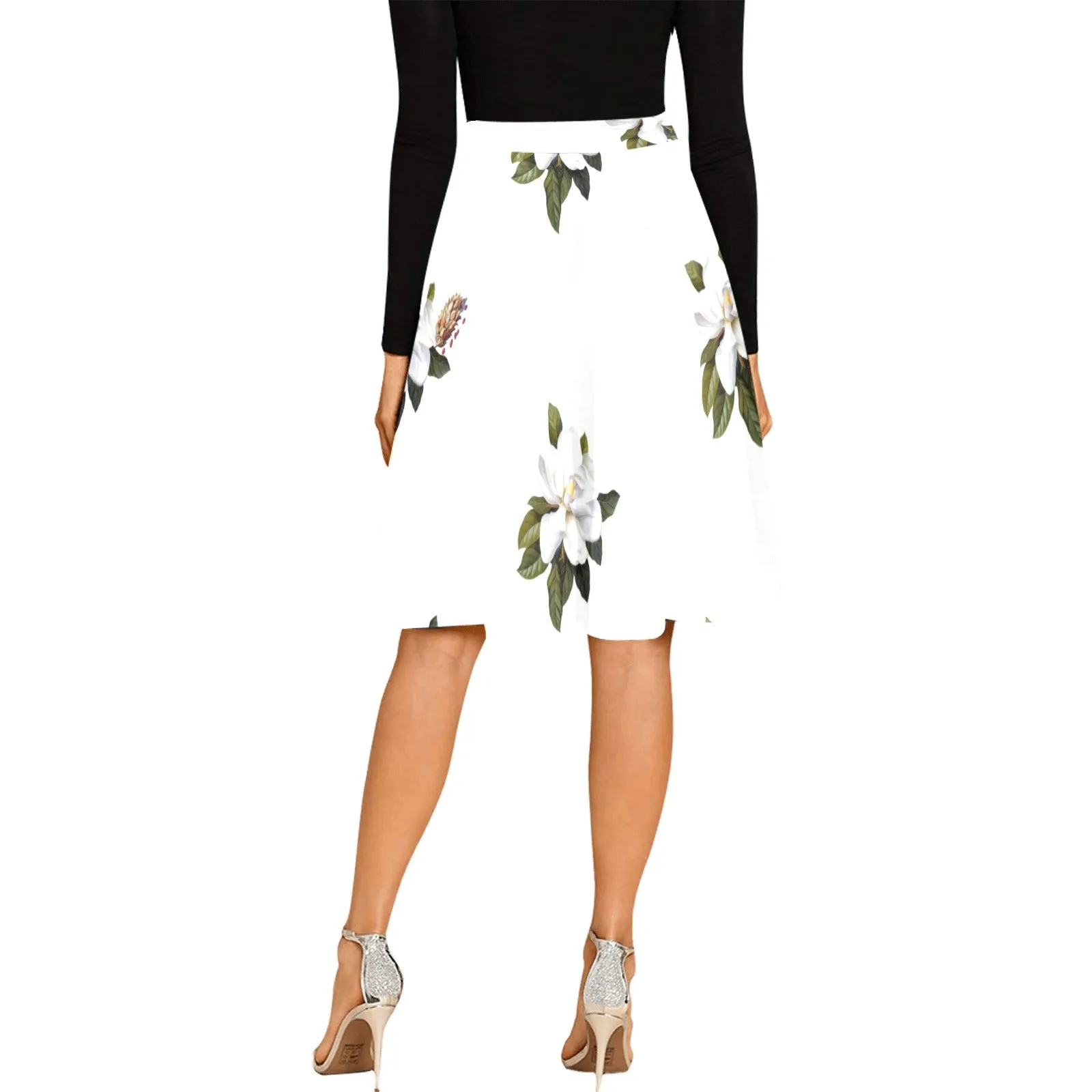 magnolia print on white Melete Pleated Midi Skirt (Model D15)