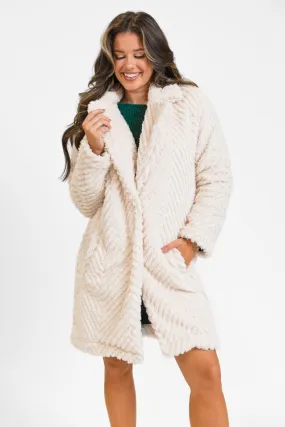 Meet Me At The Plaza Beige Herringbone Fur Coat SALE