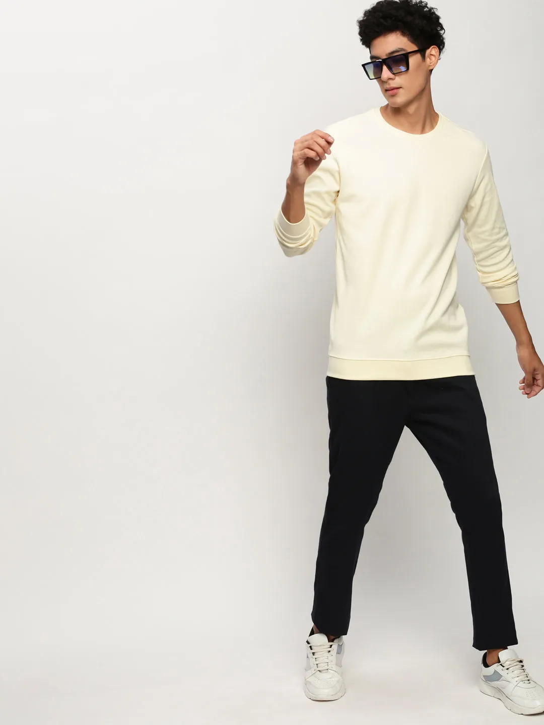 Men Cream Solid Casual Sweatshirts