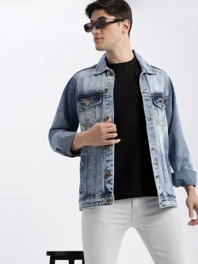 Men Solid Spread Collar Blue Denim Jacket