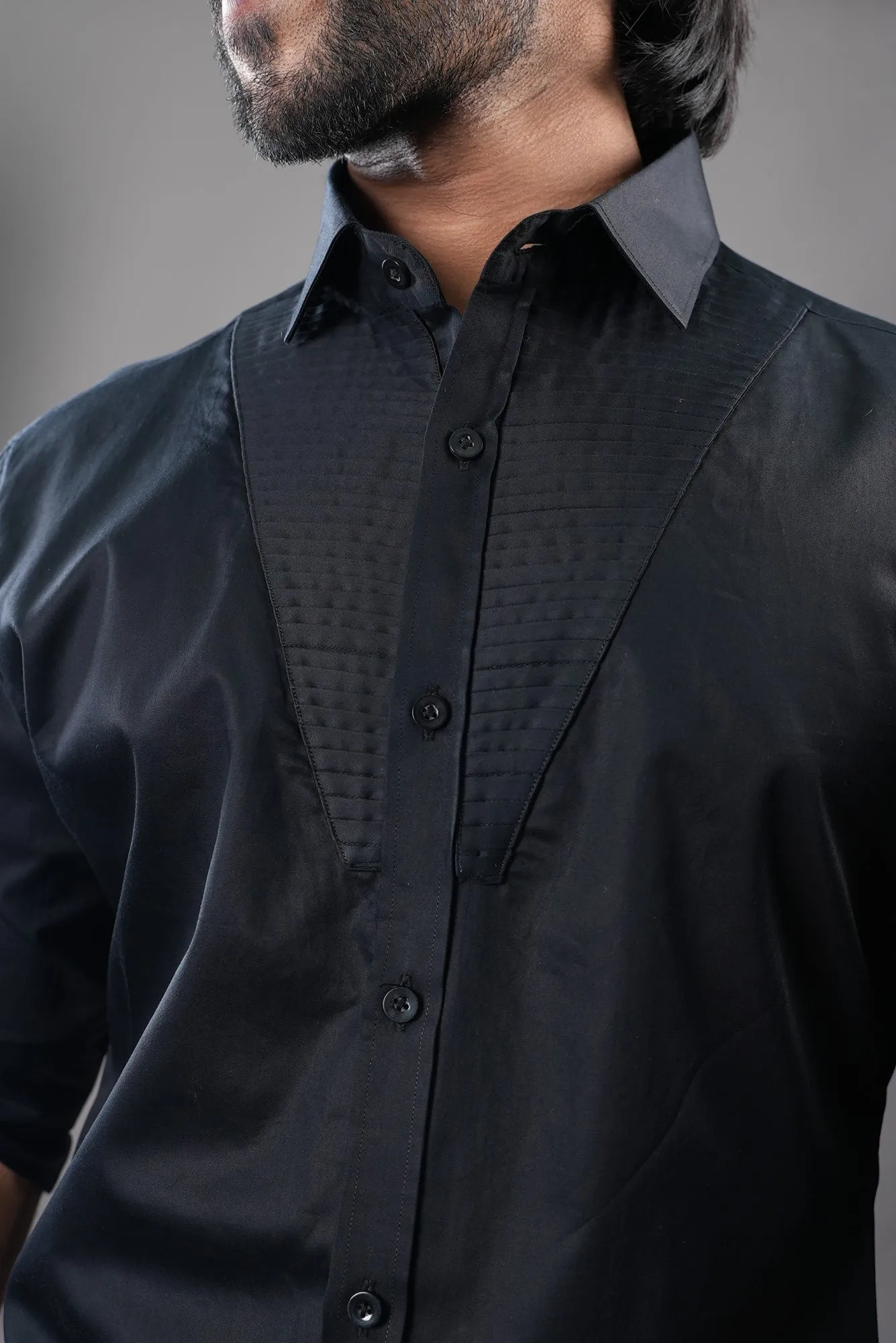 Men's Black Color V Pintuck Full Sleeves Casual Shirt - Hilo Design