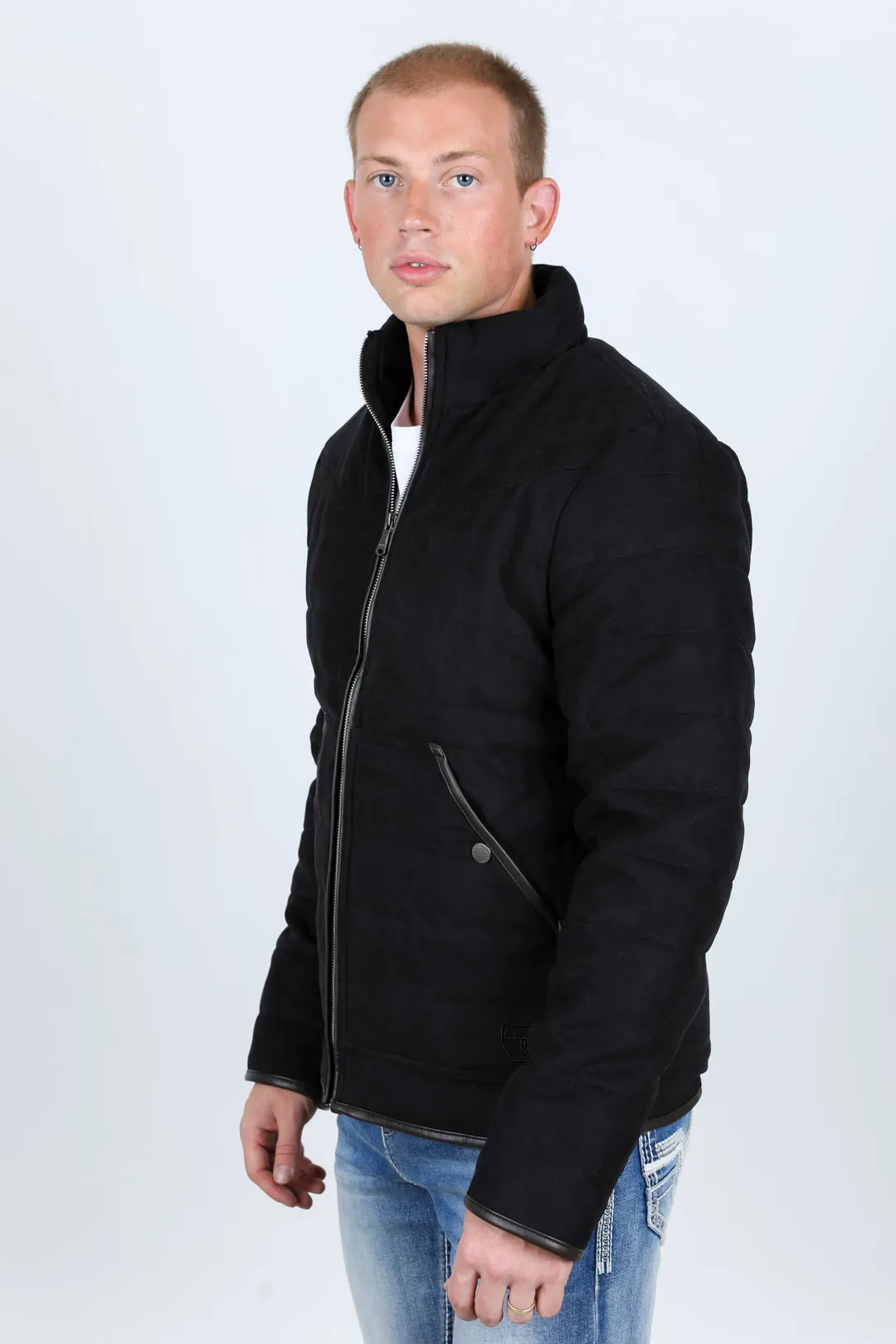 Mens Fur Lined Quilted Faux Suede Jacket - Black