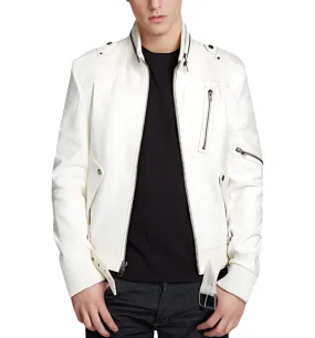 Mens Racer Moto Biker White Leather Jacket