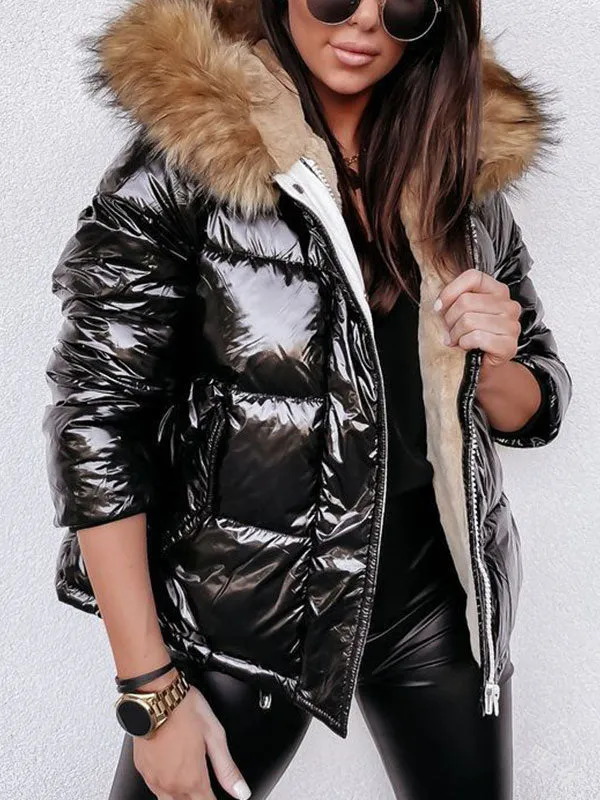 Metallic Faux Fur Collar Hooded Down Coat