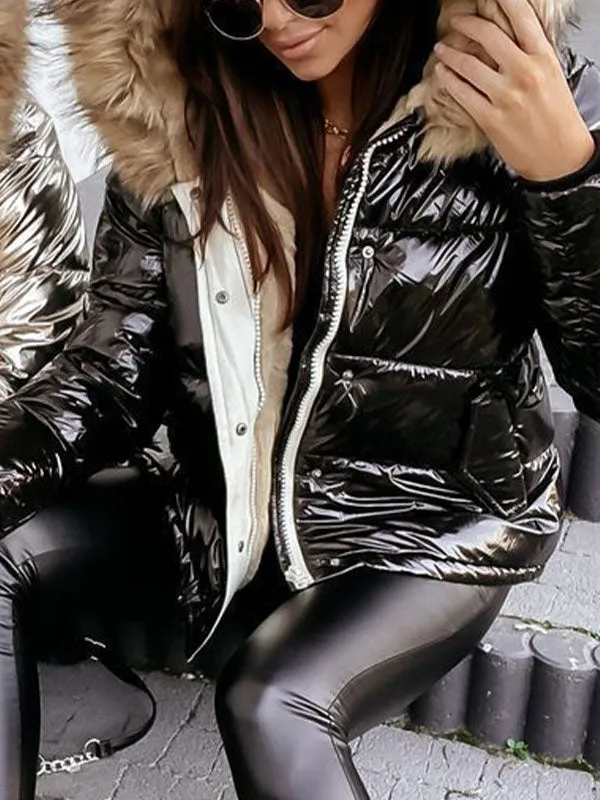 Metallic Faux Fur Collar Hooded Down Coat