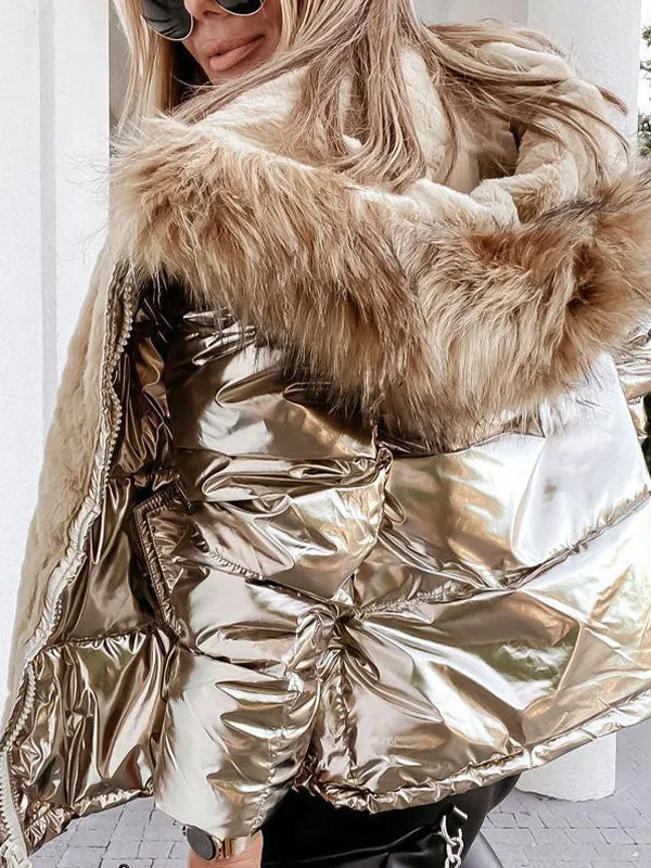 Metallic Faux Fur Collar Hooded Down Coat