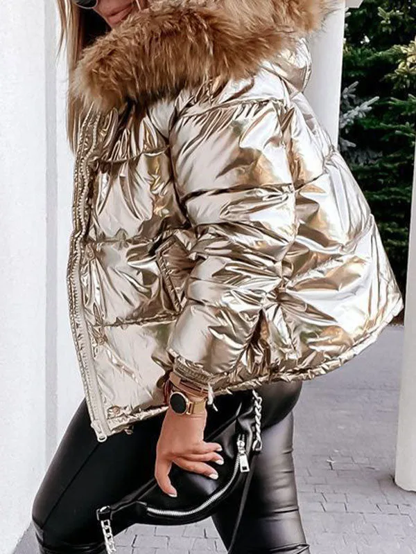 Metallic Faux Fur Collar Hooded Down Coat