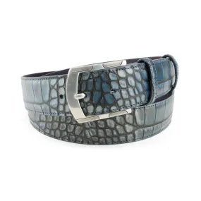 Metallic Hued Denim Tone Mock Croc Etched Buckle Belt