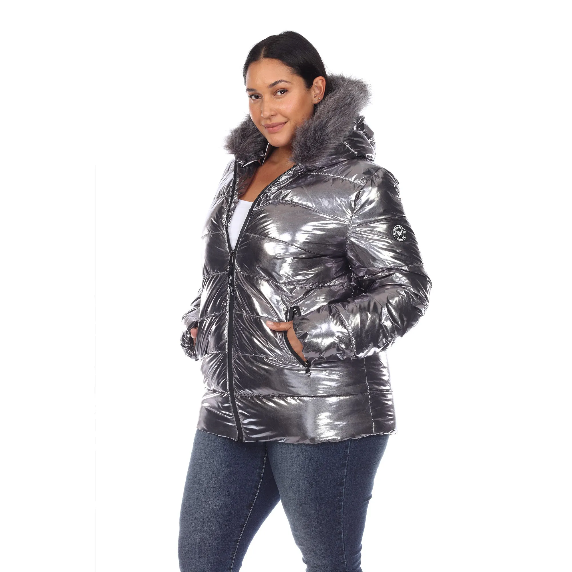 Metallic Puffer Coat with Hoodie - Plus