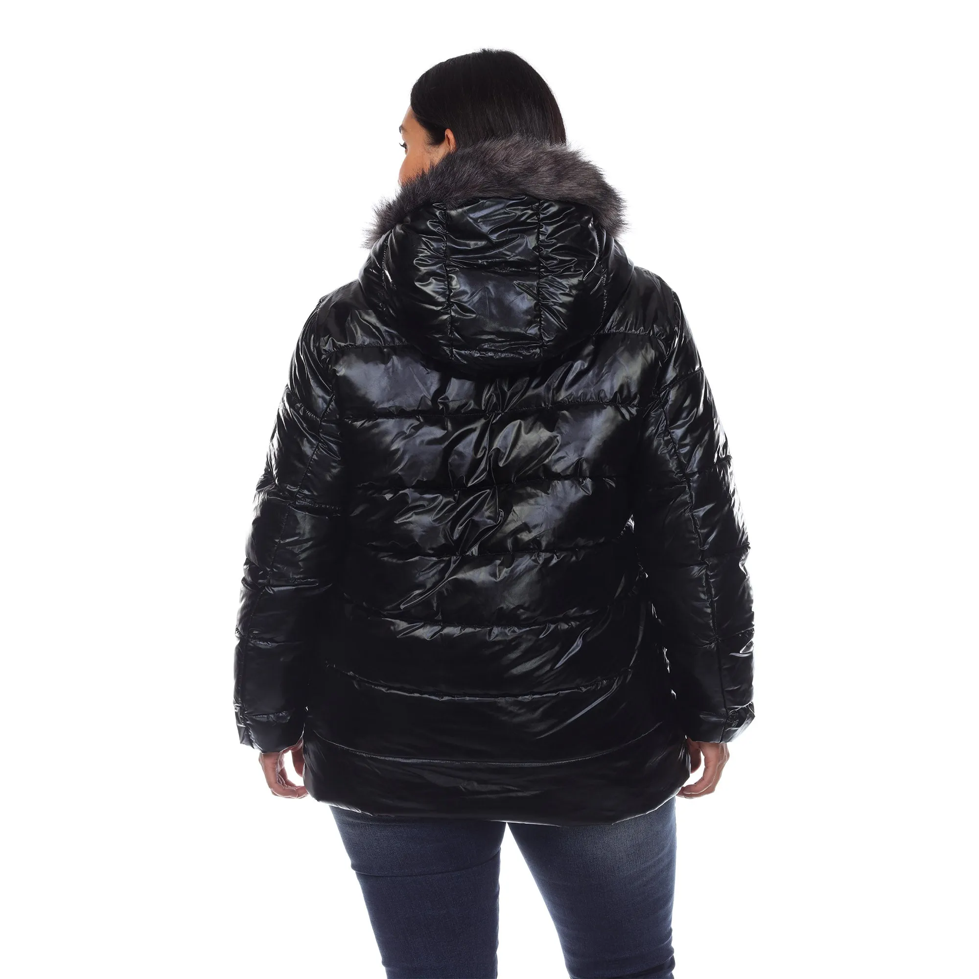 Metallic Puffer Coat with Hoodie - Plus