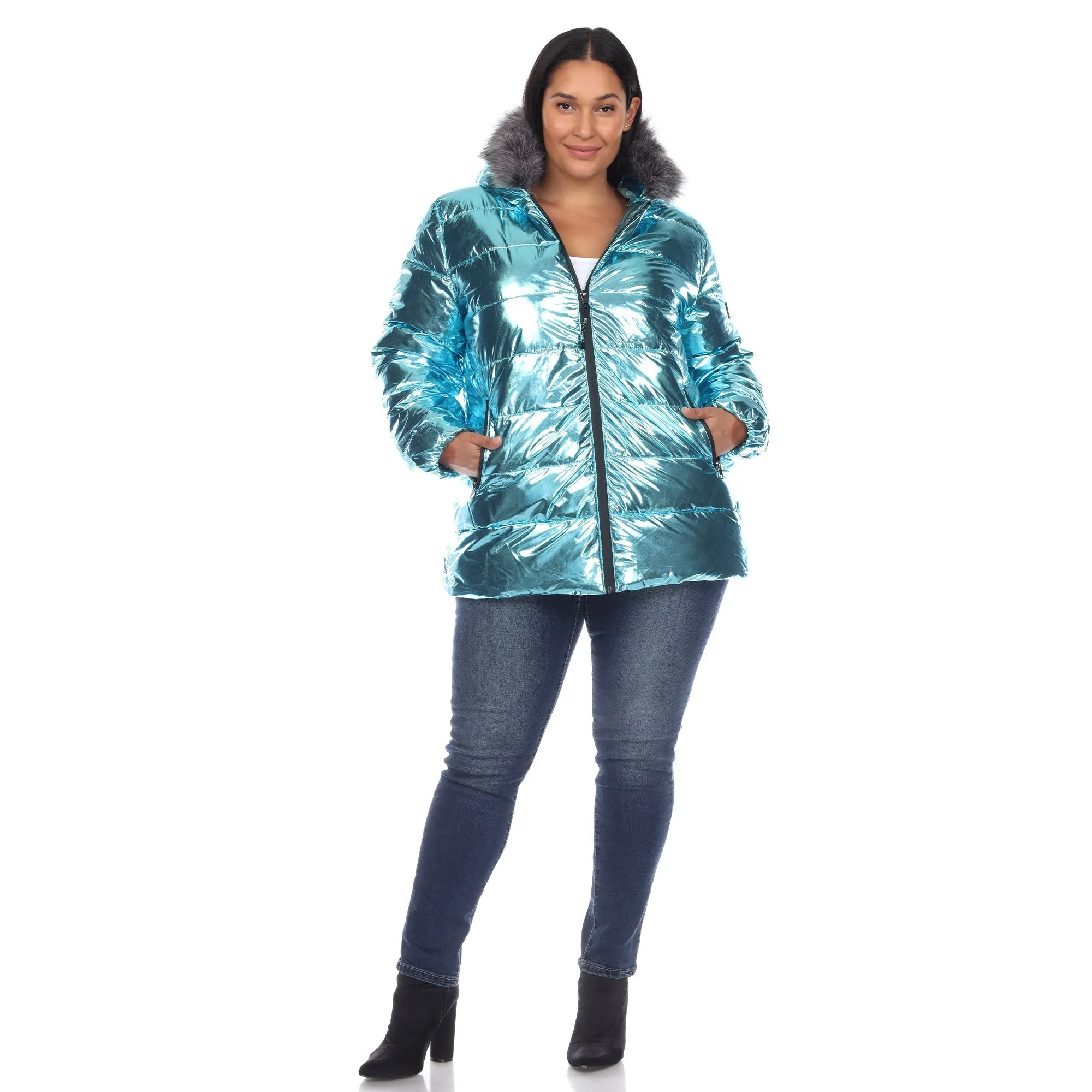 Metallic Puffer Coat with Hoodie - Plus