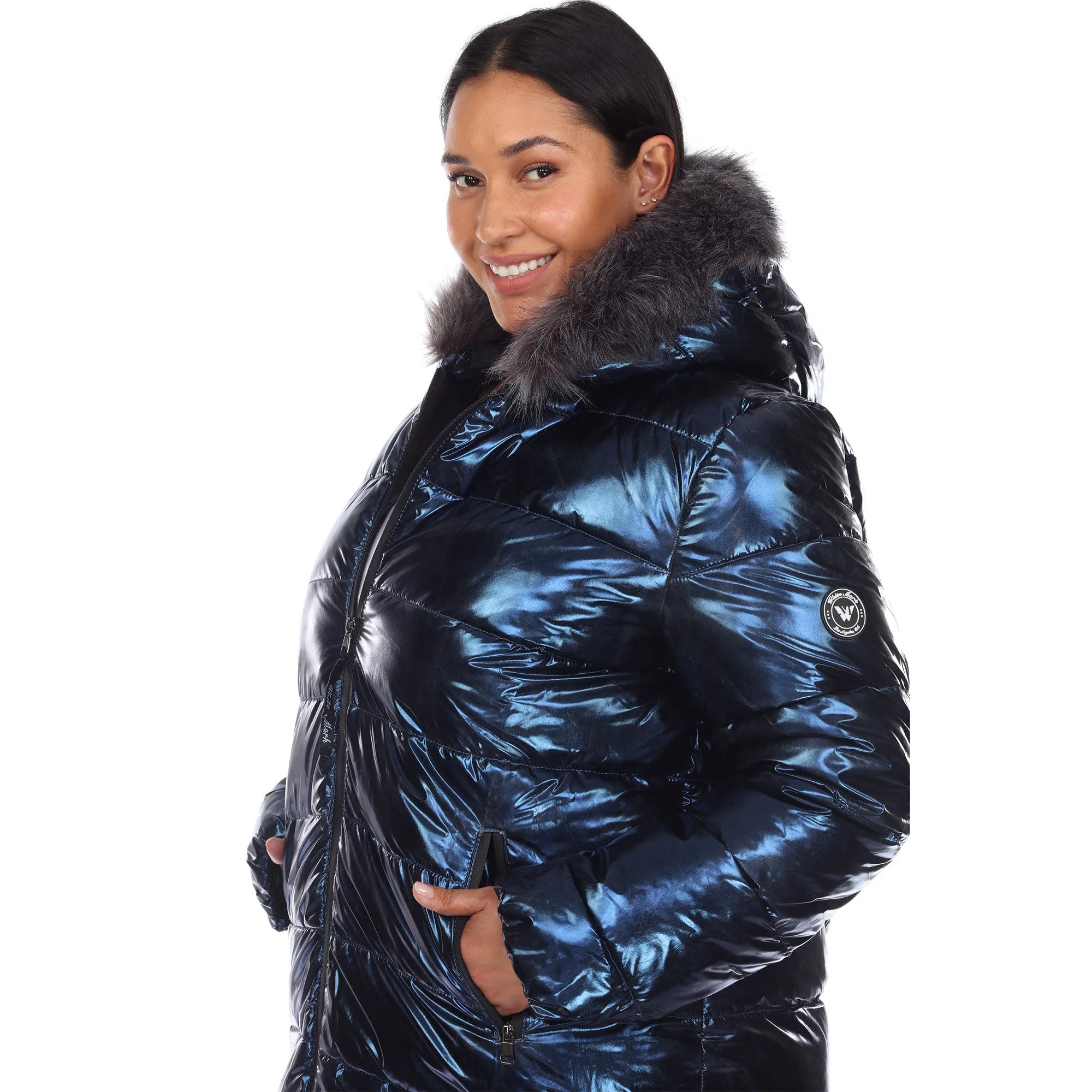 Metallic Puffer Coat with Hoodie - Plus