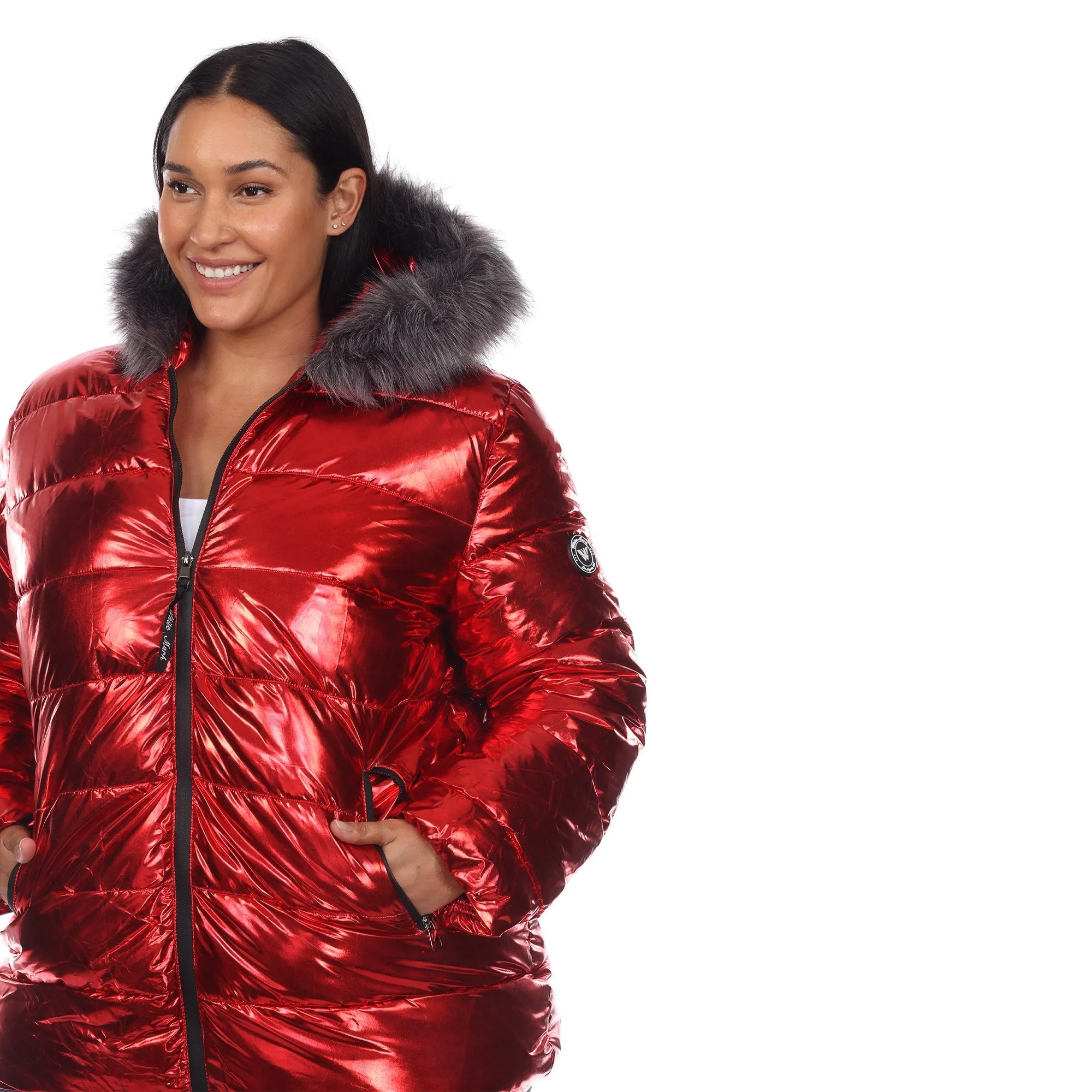 Metallic Puffer Coat with Hoodie - Plus