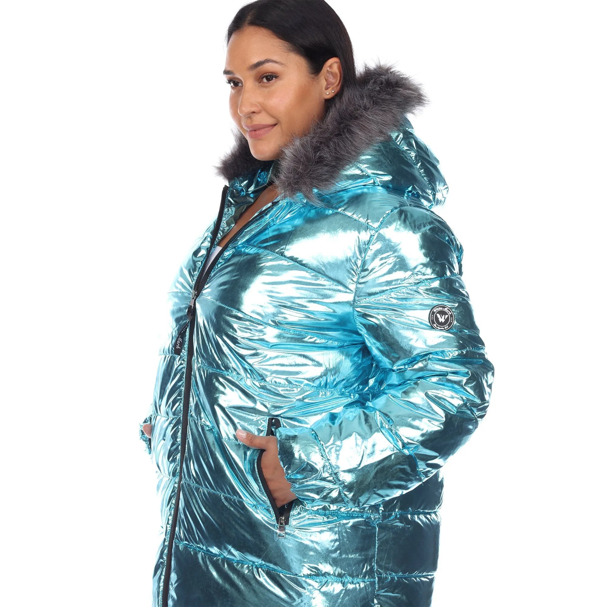 Metallic Puffer Coat with Hoodie - Plus