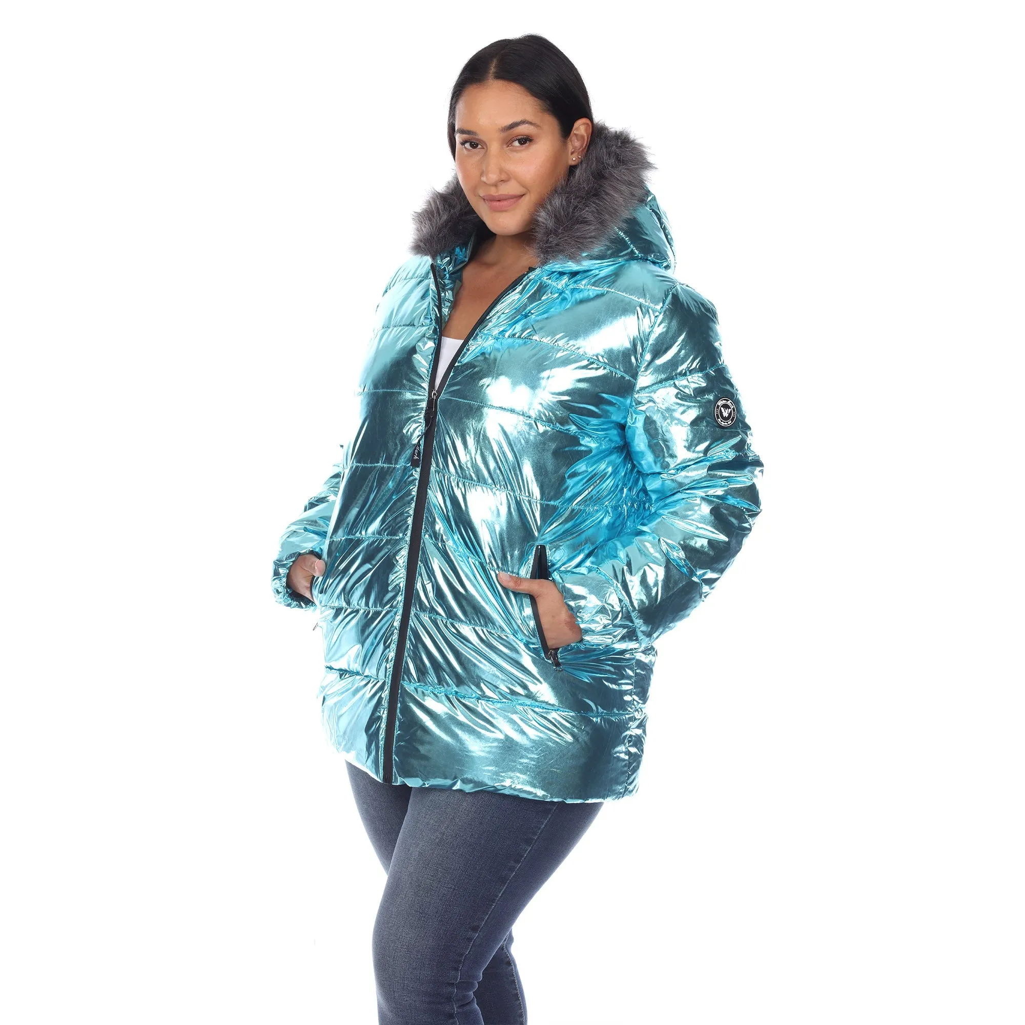 Metallic Puffer Coat with Hoodie - Plus