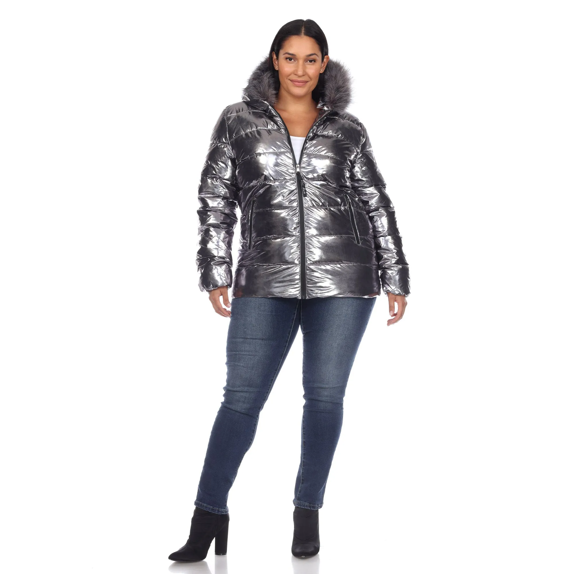 Metallic Puffer Coat with Hoodie - Plus