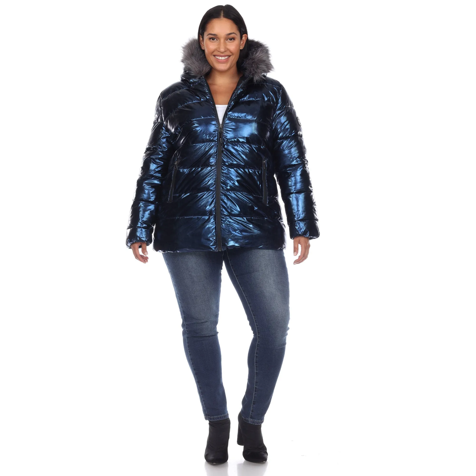 Metallic Puffer Coat with Hoodie - Plus