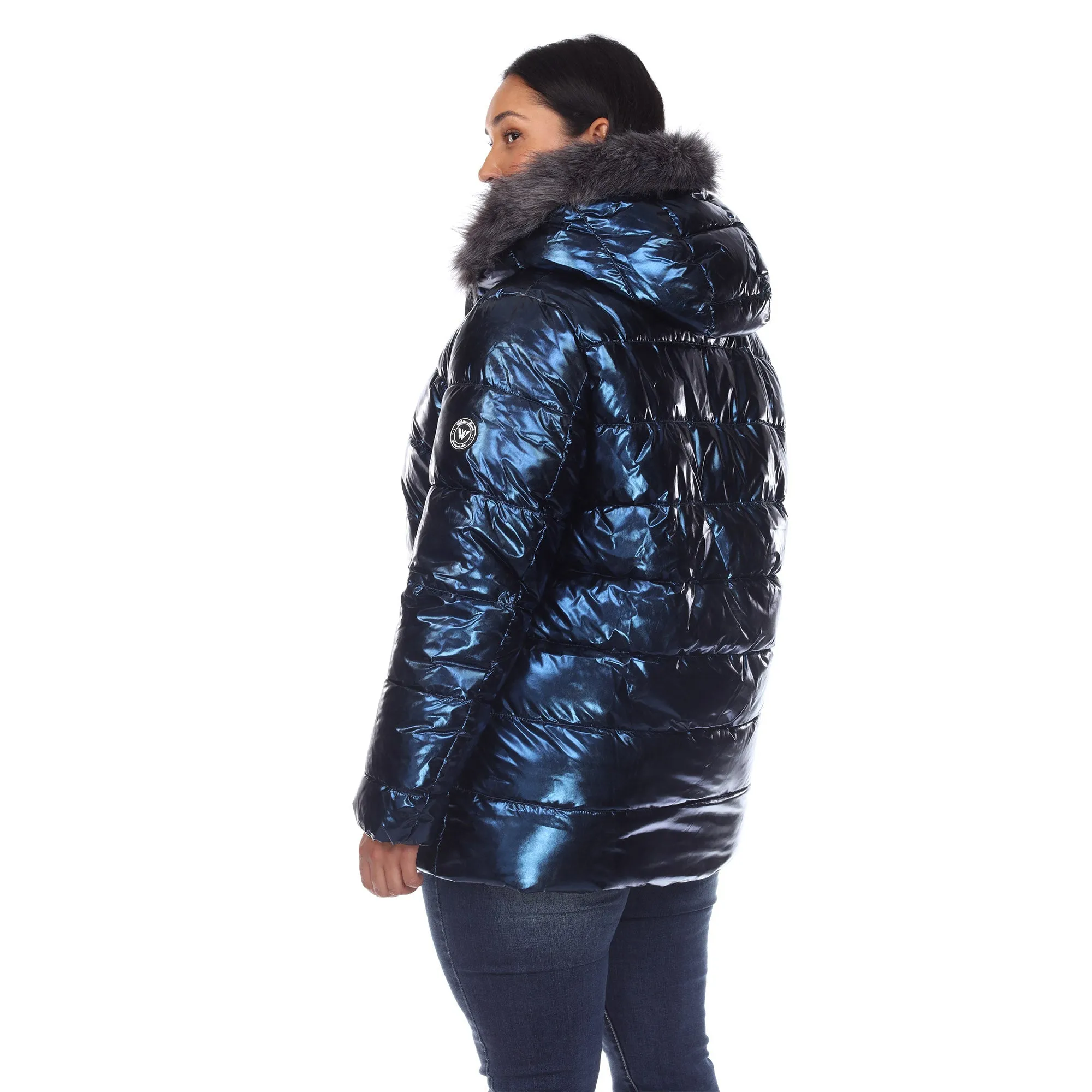 Metallic Puffer Coat with Hoodie - Plus