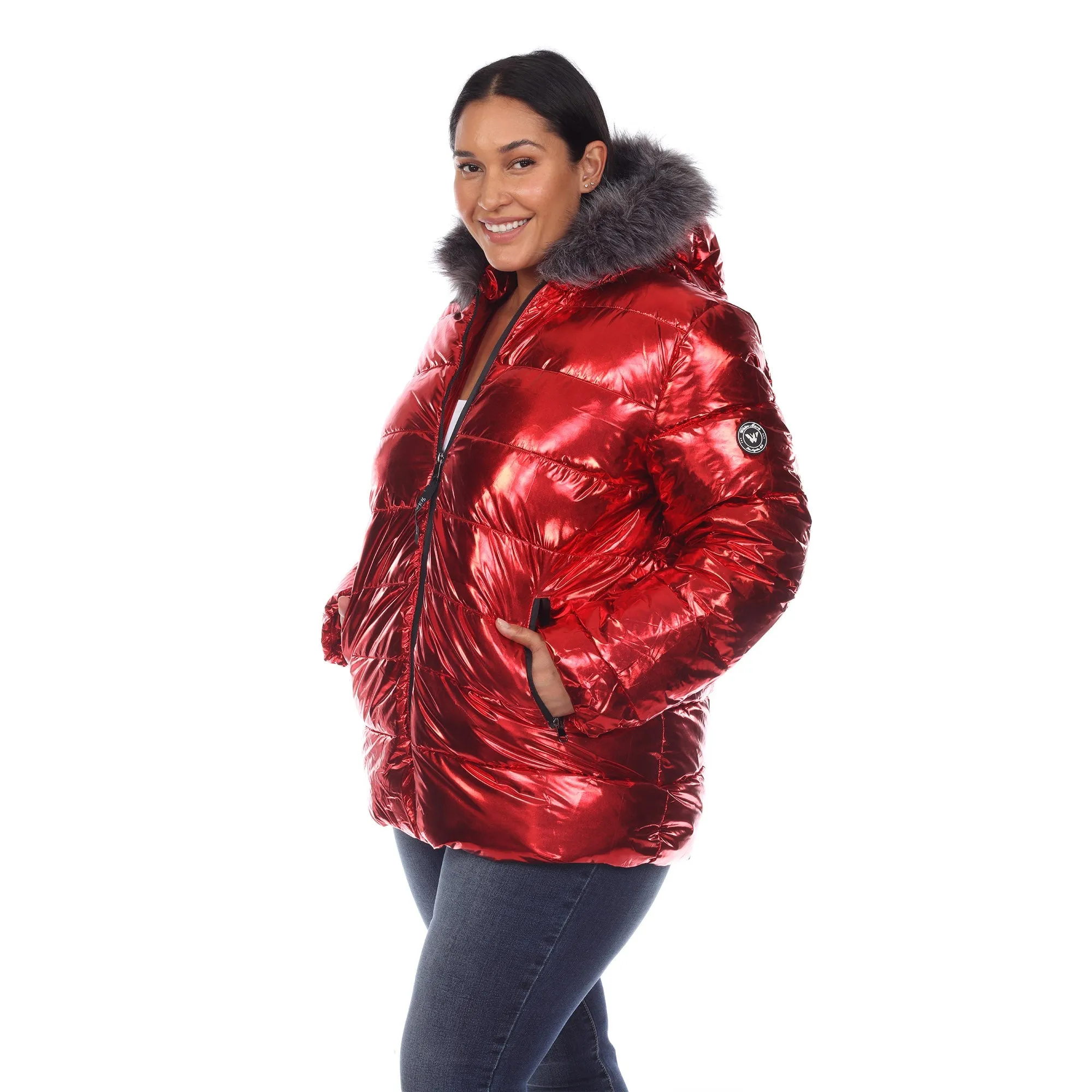 Metallic Puffer Coat with Hoodie - Plus