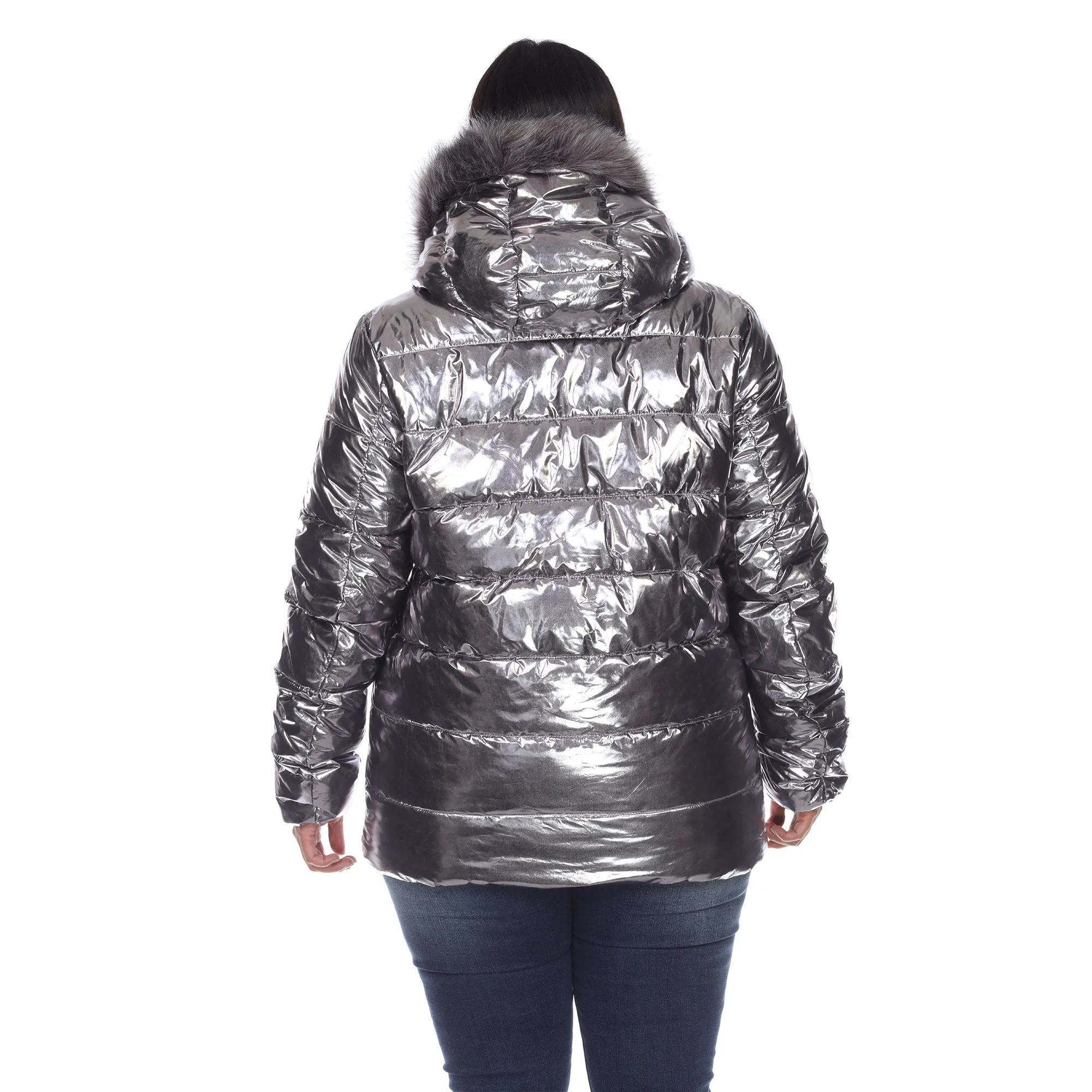 Metallic Puffer Coat with Hoodie - Plus