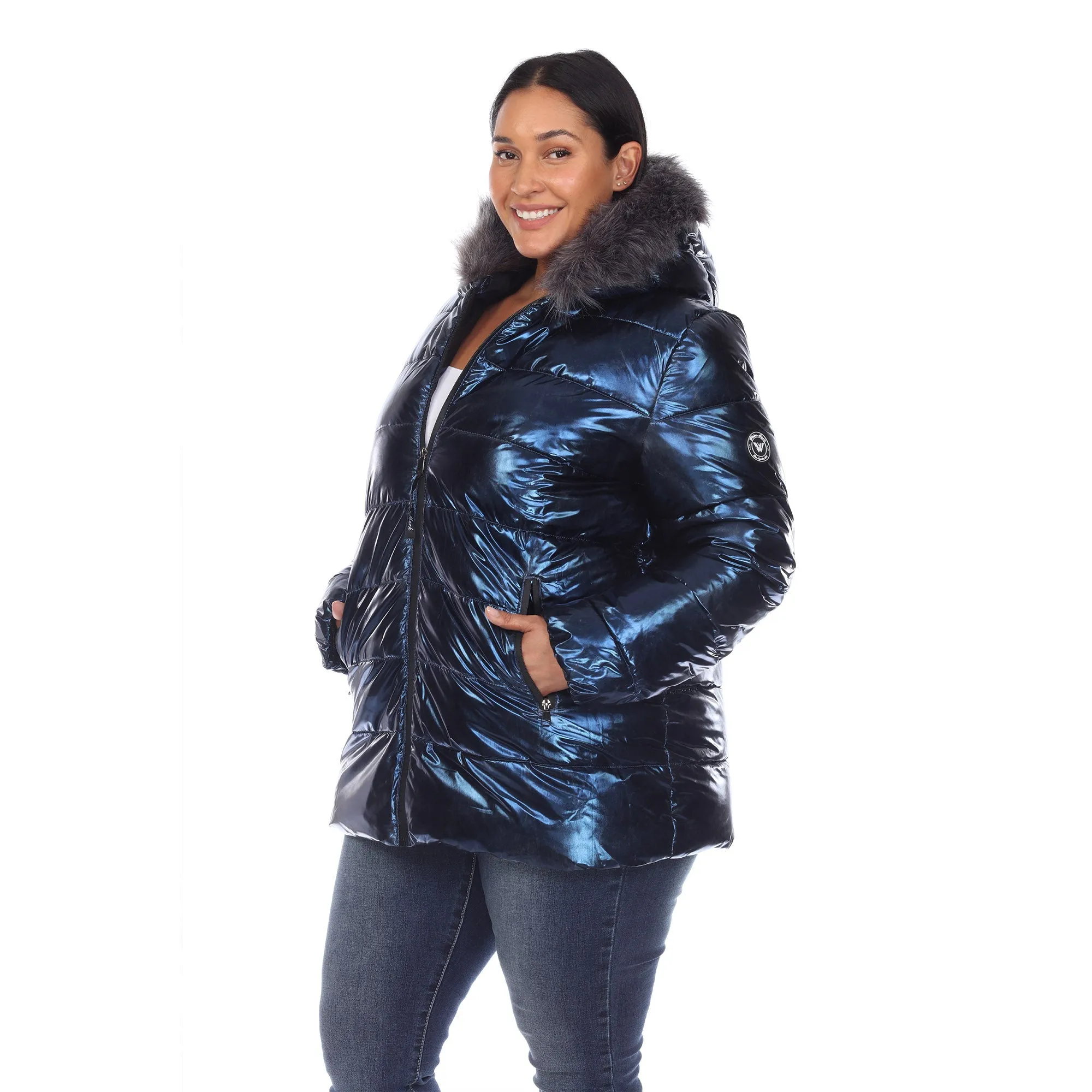 Metallic Puffer Coat with Hoodie - Plus