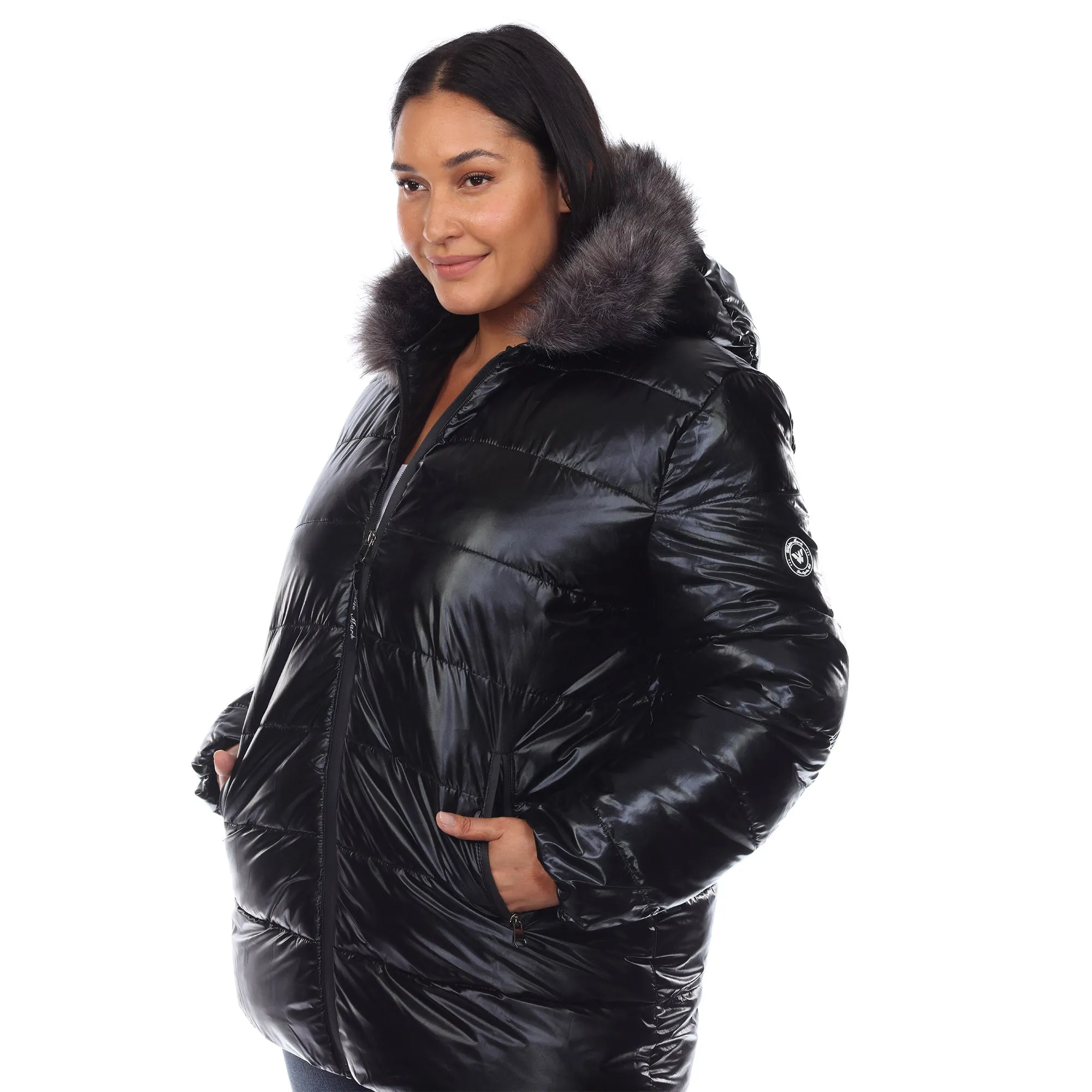 Metallic Puffer Coat with Hoodie - Plus