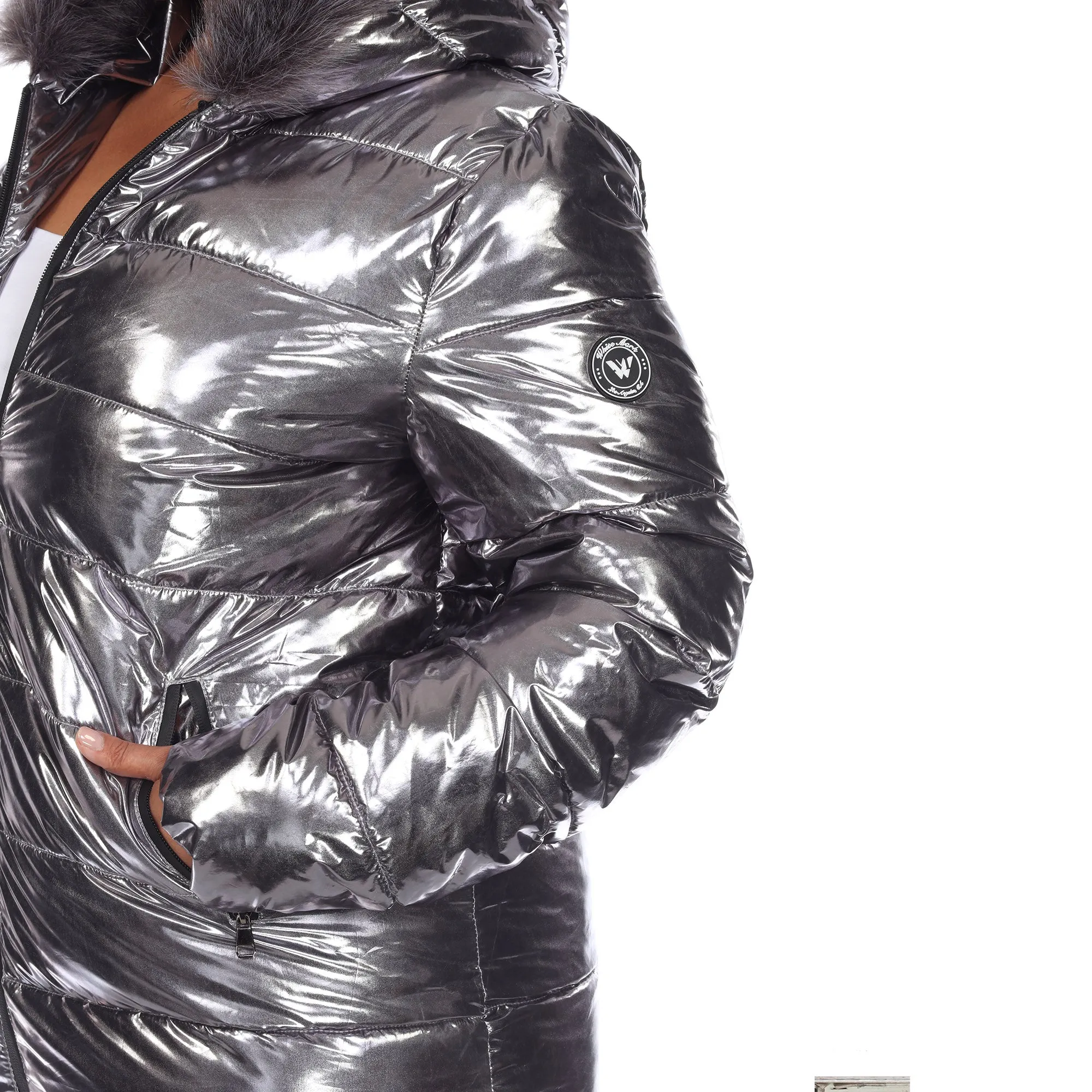 Metallic Puffer Coat with Hoodie - Plus