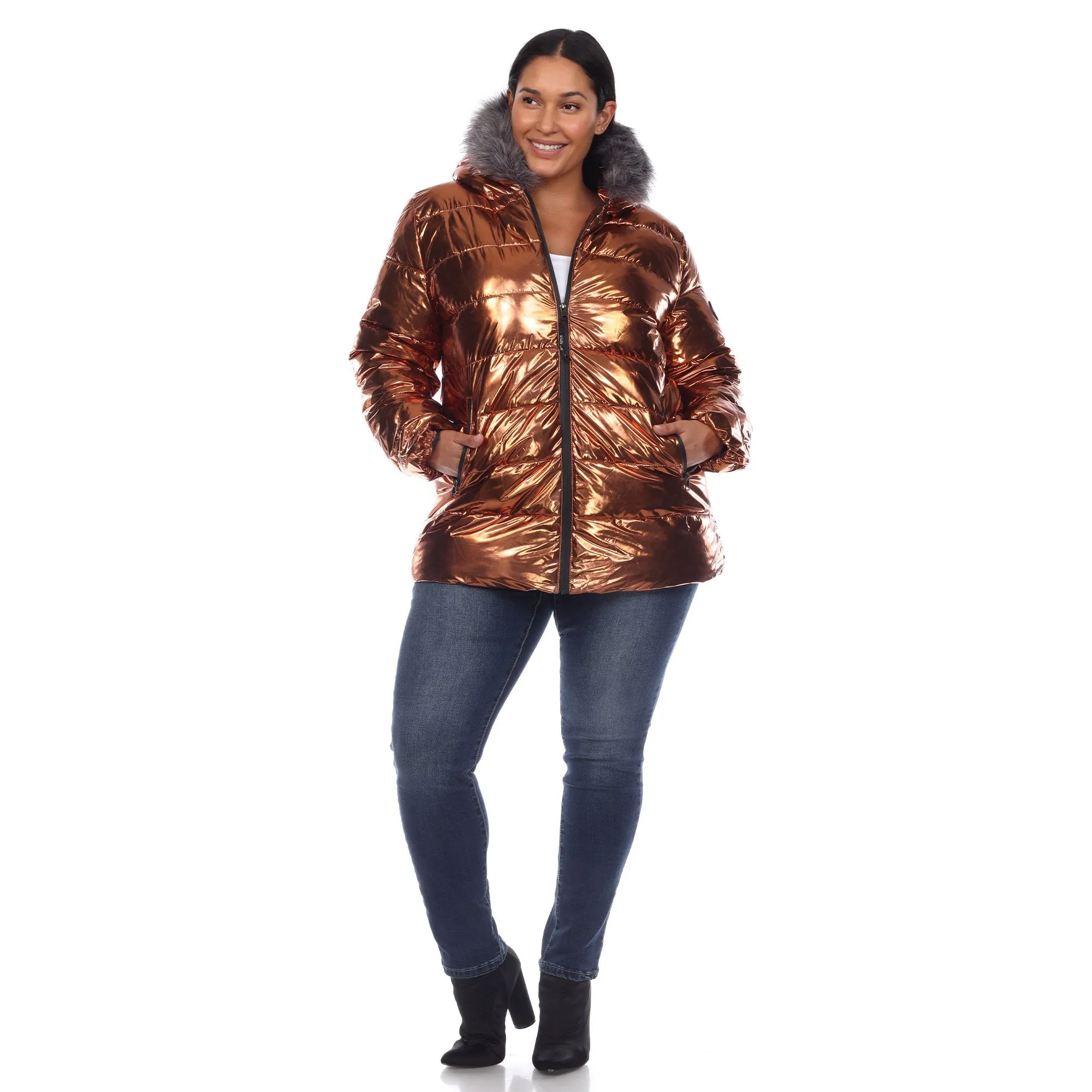 Metallic Puffer Coat with Hoodie - Plus