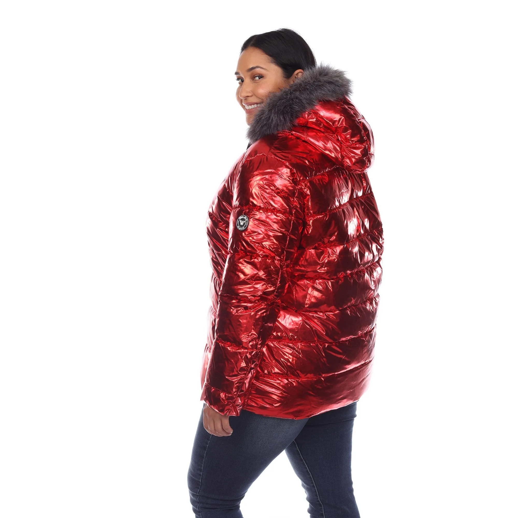 Metallic Puffer Coat with Hoodie - Plus