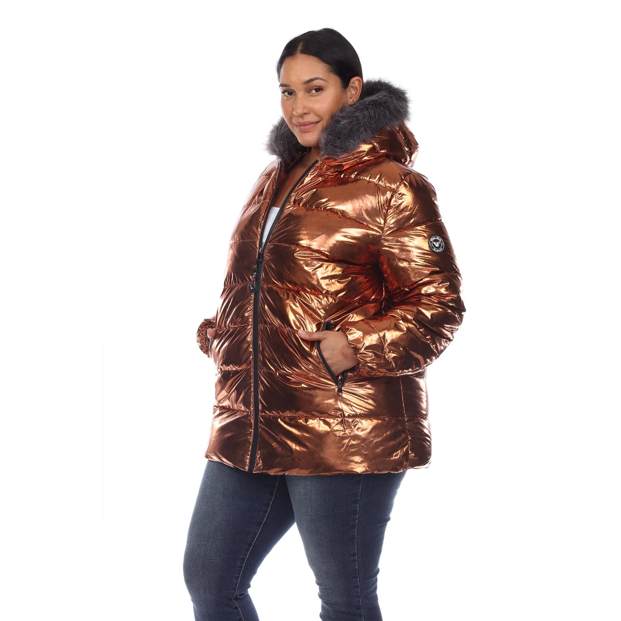 Metallic Puffer Coat with Hoodie - Plus