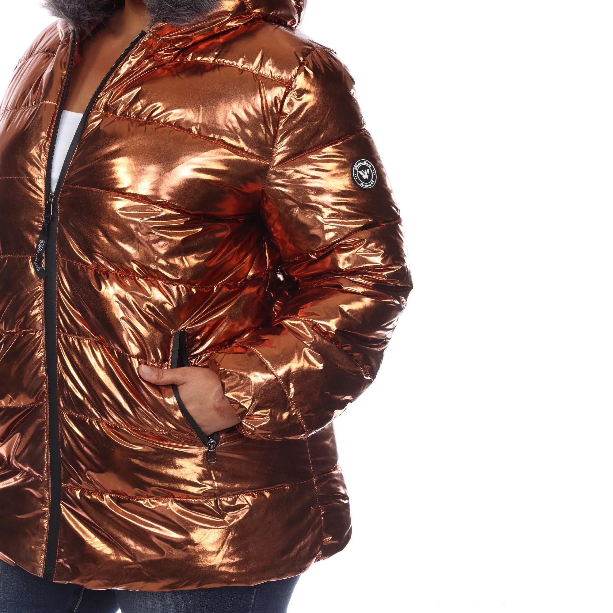 Metallic Puffer Coat with Hoodie - Plus