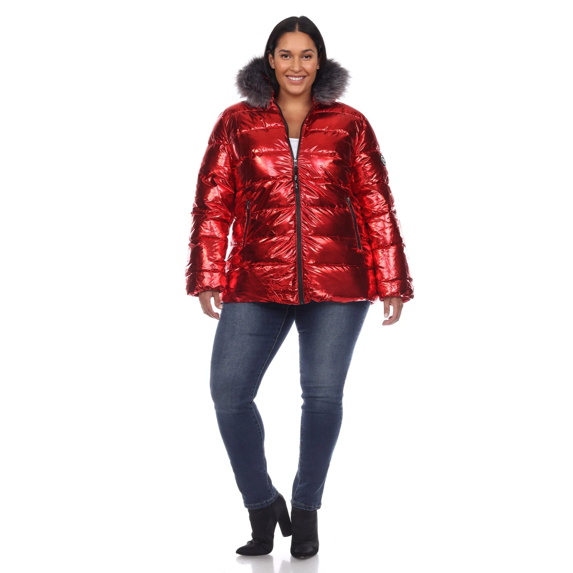 Metallic Puffer Coat with Hoodie - Plus