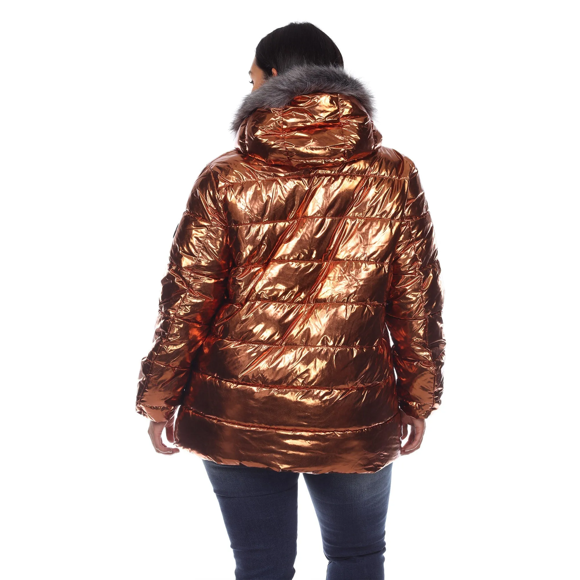 Metallic Puffer Coat with Hoodie - Plus