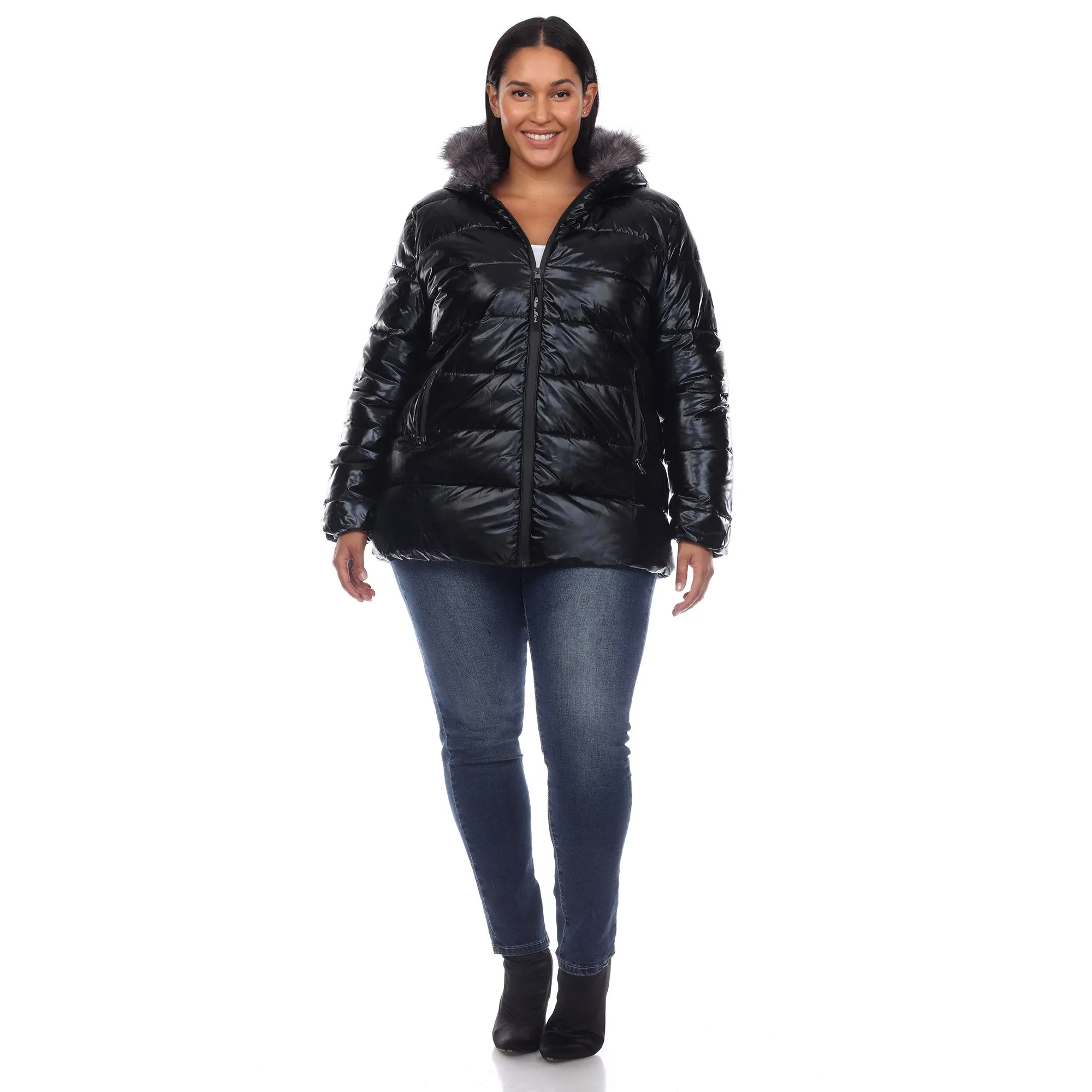 Metallic Puffer Coat with Hoodie - Plus