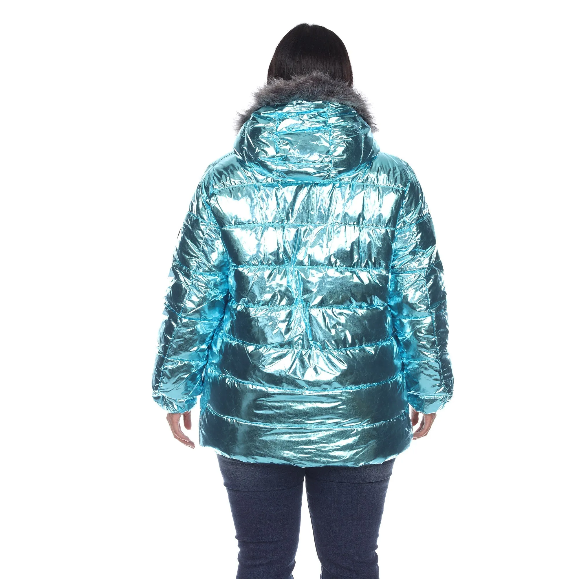 Metallic Puffer Coat with Hoodie - Plus