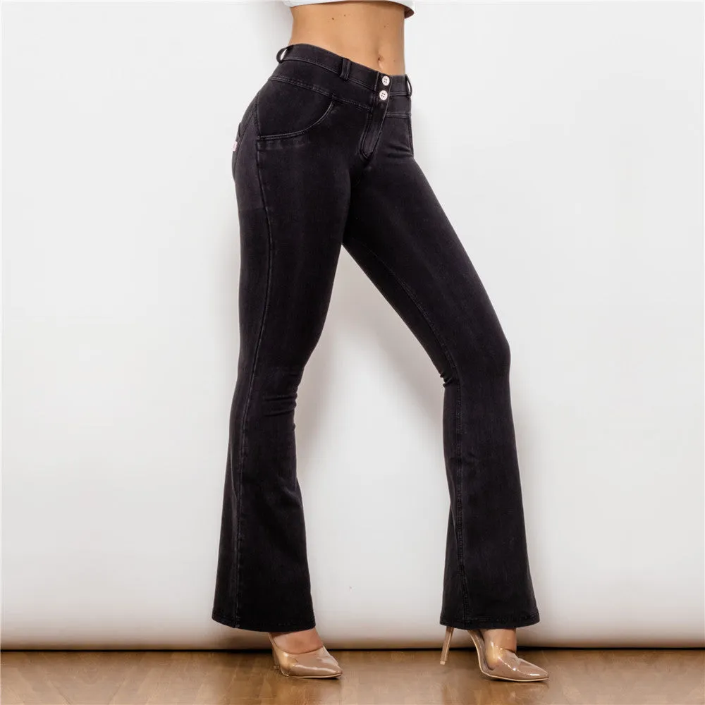 Mid Waist Dark Thread Black Flare Jeans