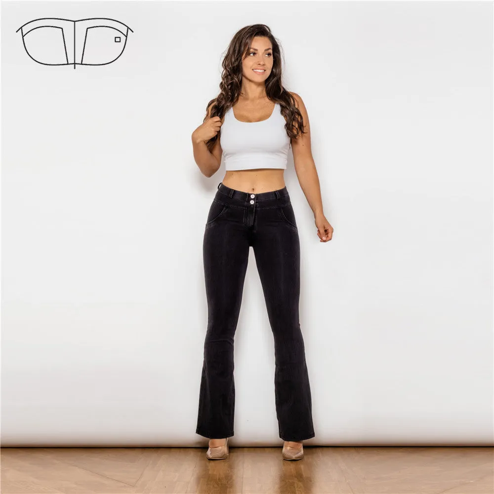 Mid Waist Dark Thread Black Flare Jeans